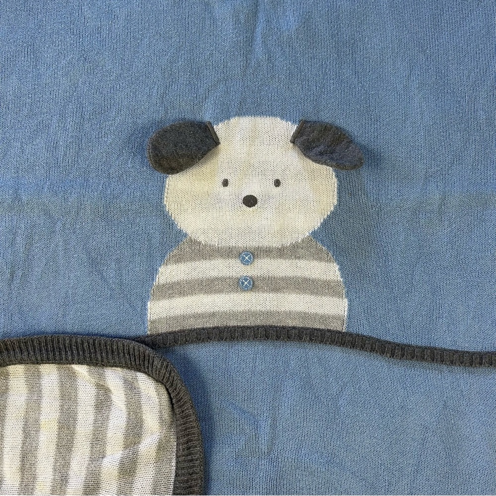 First Impressions Blue Puppy Dog Baby Blanket Gray White Stripes Sweater Knit